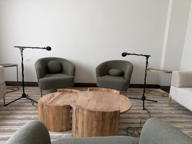 Podcast chairs and microphone setup
